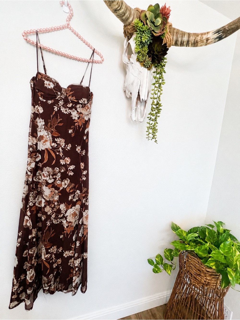 NWT Caroline Constas Brown Floral Midi Slip Dress